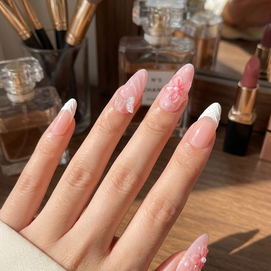 Hand with pink and white press on nails in front of makeup items on a wooden surface