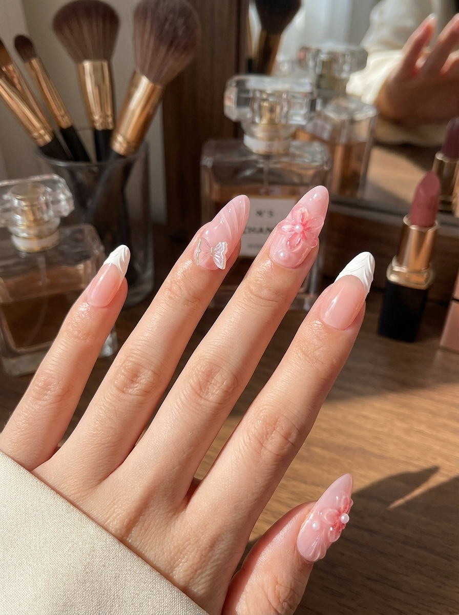 Hand with pink and white press on nails in front of makeup items on a wooden surface