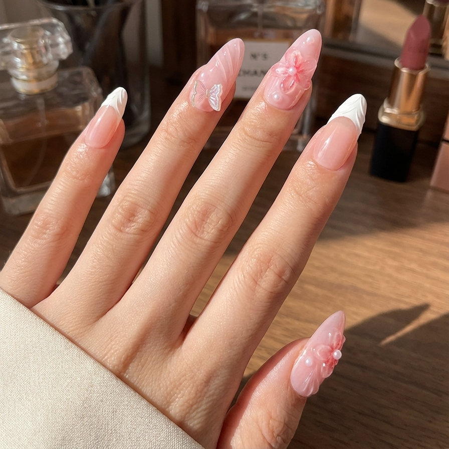 Hand with pink and white press on nails in front of makeup items on a wooden surface