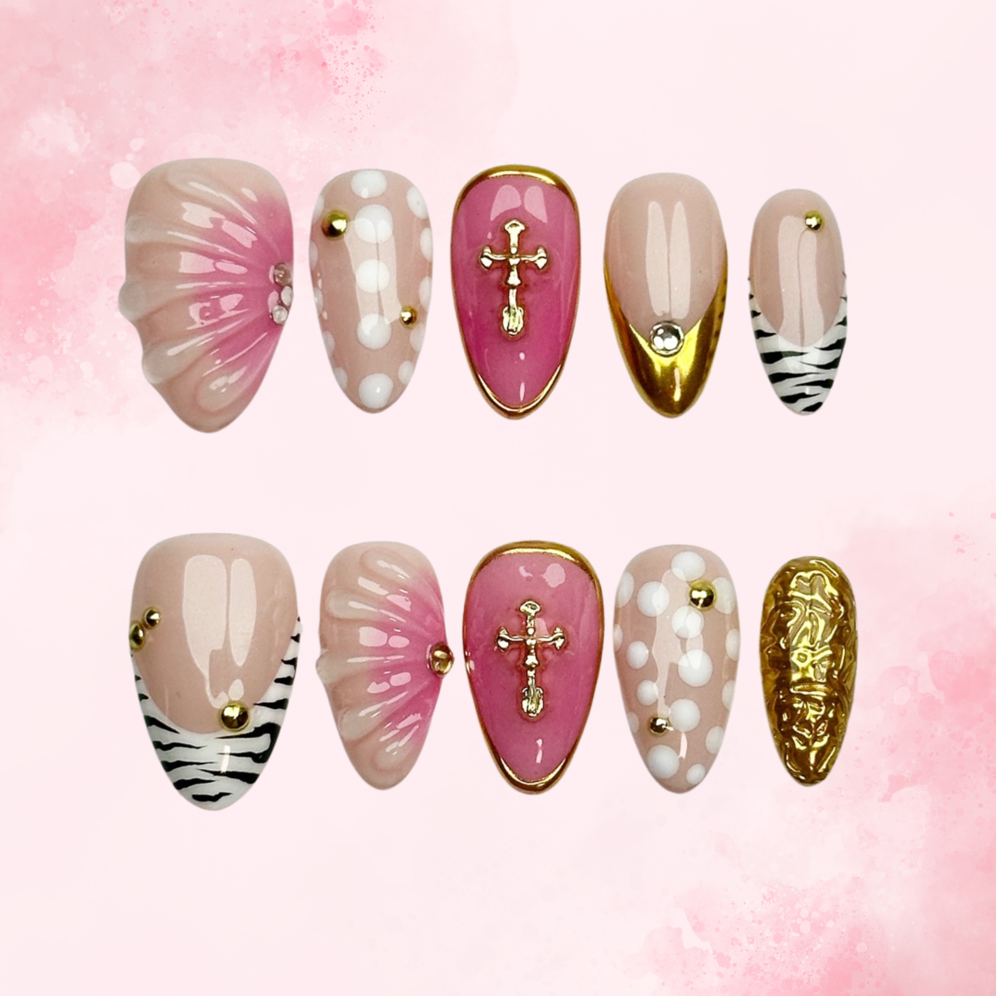 Zebra Pink Shine | Handmade Nails,Ellie Vincy Press on Nails,Short Almond, Square,Ombre, Metallic, Iridescent, Floral, Solid color, French tip, Animal print, Glitter,Handmade Pink, White, Floral, Gold, Black, Animal press on nails,10 pcs, False nails,Reusable,Glue on nails,Sticky on nails,Pop on nails