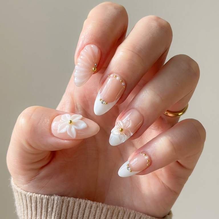 ellie vincy press on nails White Daisy Short Almond Luxury Glue on Press on Nails Almond, Square Green Floral, French tip, Animal print, Geometric, EV025