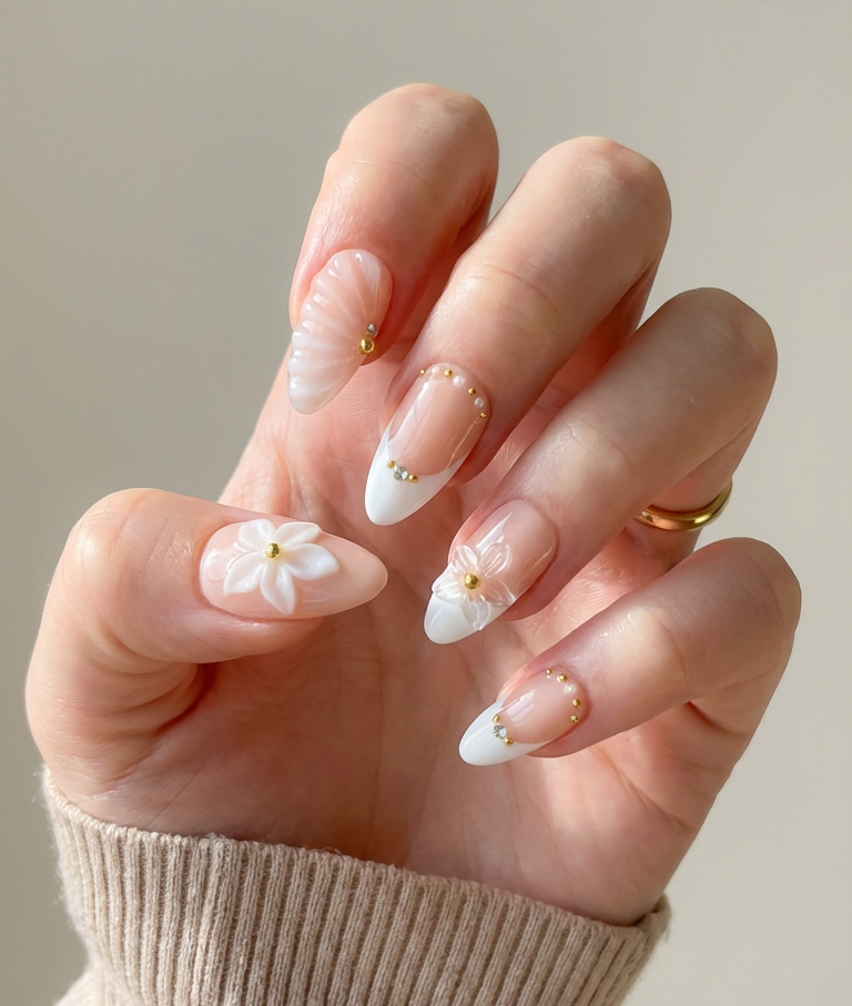 ellie vincy press on nails White Daisy Short Almond Luxury Glue on Press on Nails Almond, Square Green Floral, French tip, Animal print, Geometric, EV025