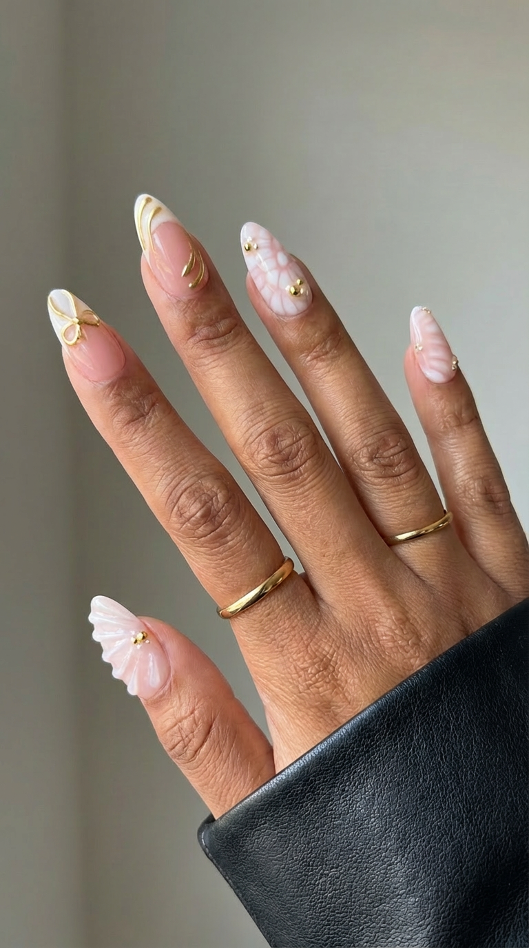 ellie vincy press on nails Golden White Short Almond Luxury Glue on Press on Nails Almond, Square Green Floral, French tip, Animal print, Geometric, EV025, Metallic