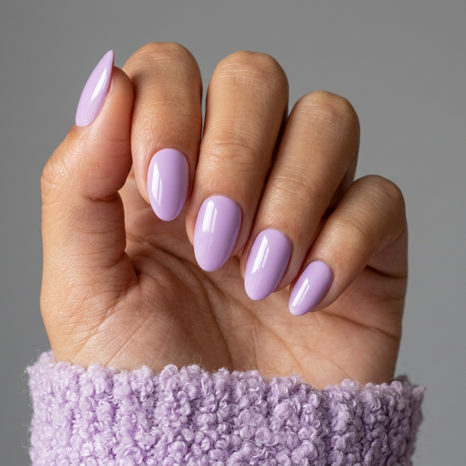 Hand with light purple nail polish on a gray background