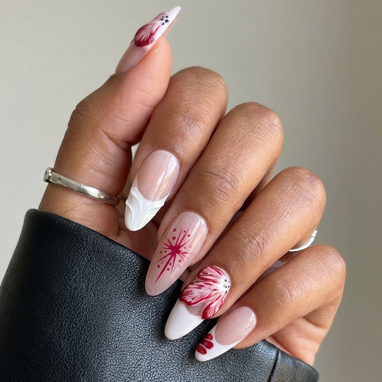 ellie vincy press on nails Crimson Blossom | Handmade Nails Almond Pink, Red, White Cute, Floral, French tip