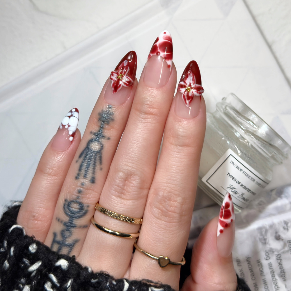 Romantic Floral Tip | Handmade Nails,Ellie Vincy Press on Nails,Long, Medium Almond,Floral, French tip,Handmade Pink, Red, Brown press on nails,10 pcs, false nails,reusable,glue on nails