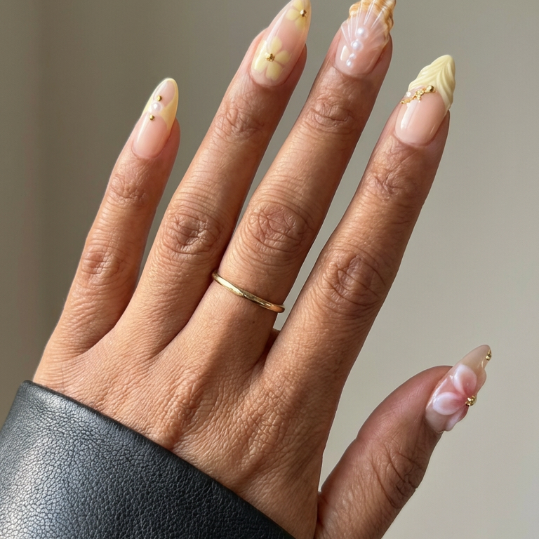 ellie vincy press on nails Nude Shell Short Almond Luxury Glue on Press on Nails Almond, Square Green Floral, French tip, Animal print, Geometric, EV025, Metallic