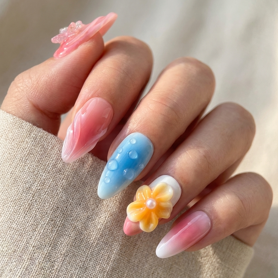 Hand with decorative nails featuring flowers and dots on a neutral background