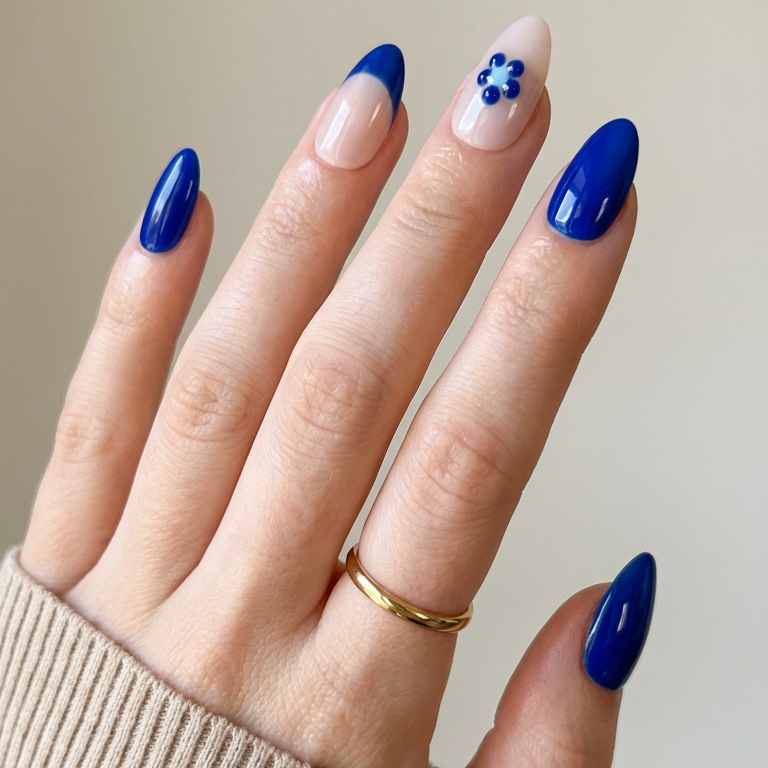 ellie vincy press on nails Indigo Bloom | Handmade Nails Almond White, Blue, Nude, Floral Cute, Floral, French tip