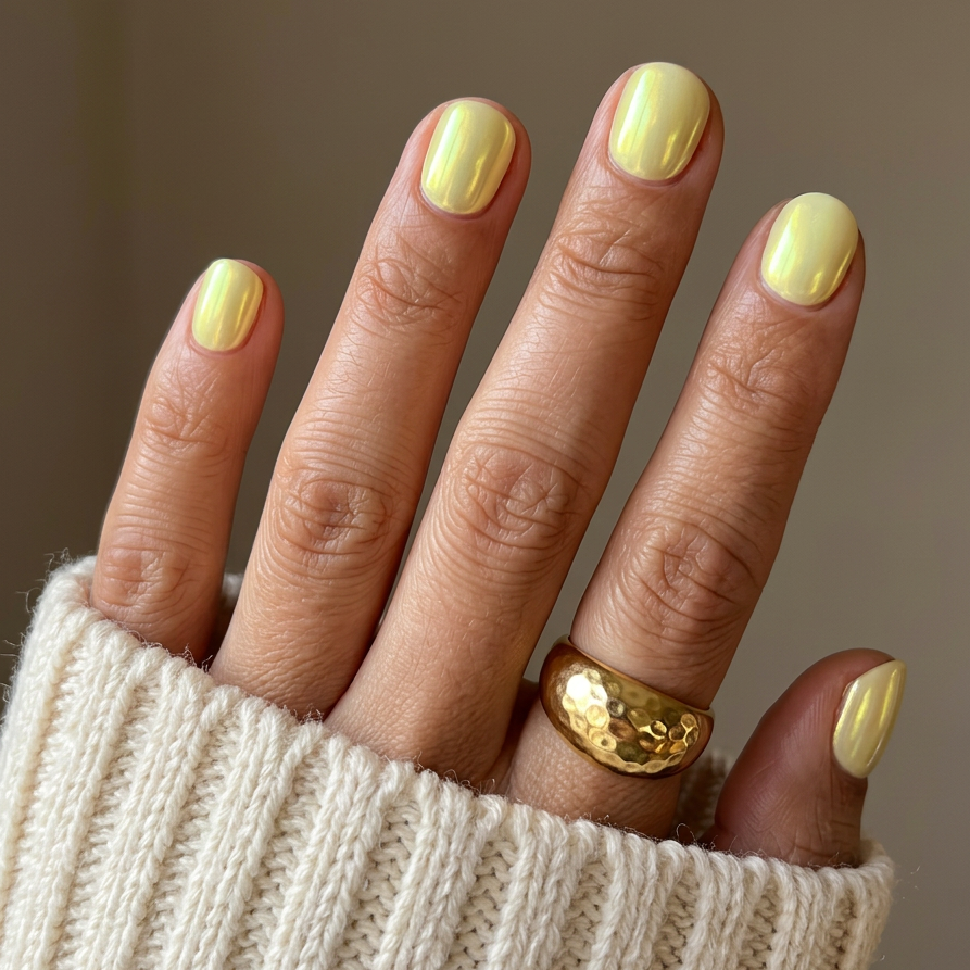 Hand with yellow nail polish wearing a gold ring against a neutral background