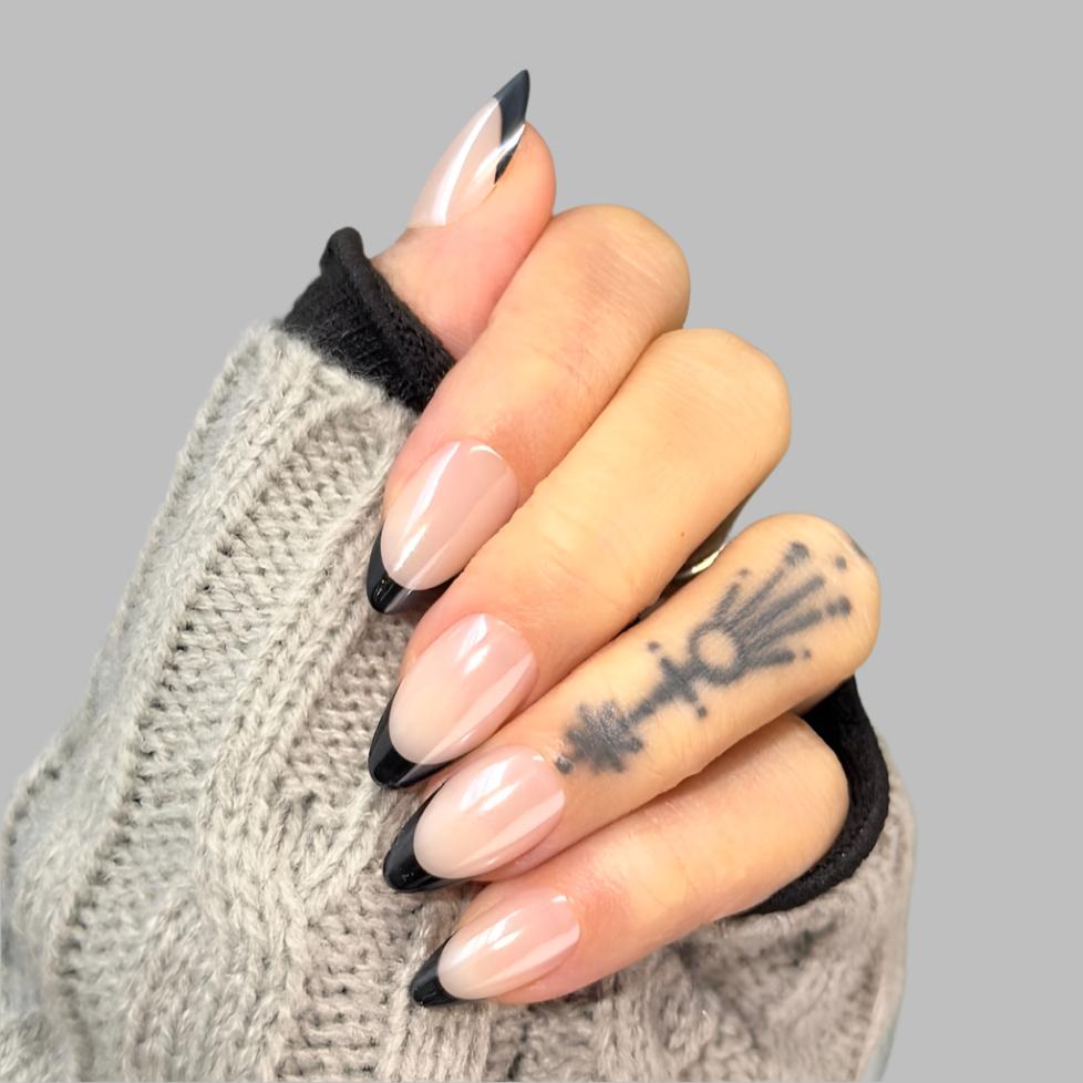 french tip, black french nails, black nude nails, french tip glazed, french tip chrome, chrome nails, press on nails, glued on nails,