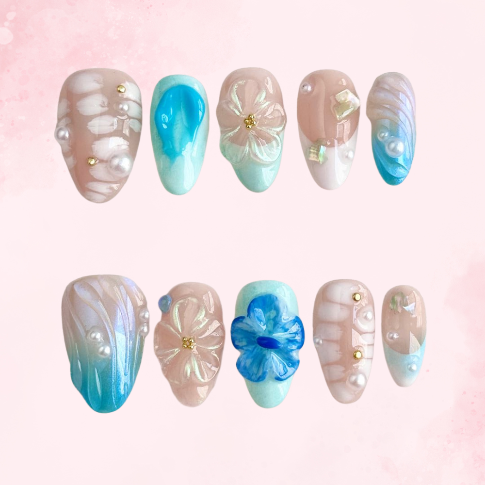 Ocean Bloom Pearl | Handmade Nails,Ellie Vincy Press on Nails,Short Almond,Ombre, Metallic, Iridescent, Floral, Solid color,Handmade Blue, White, Nude press on nails,10 pcs, False nails,Reusable,Glue on nails,Sticky on nails,Pop on nails