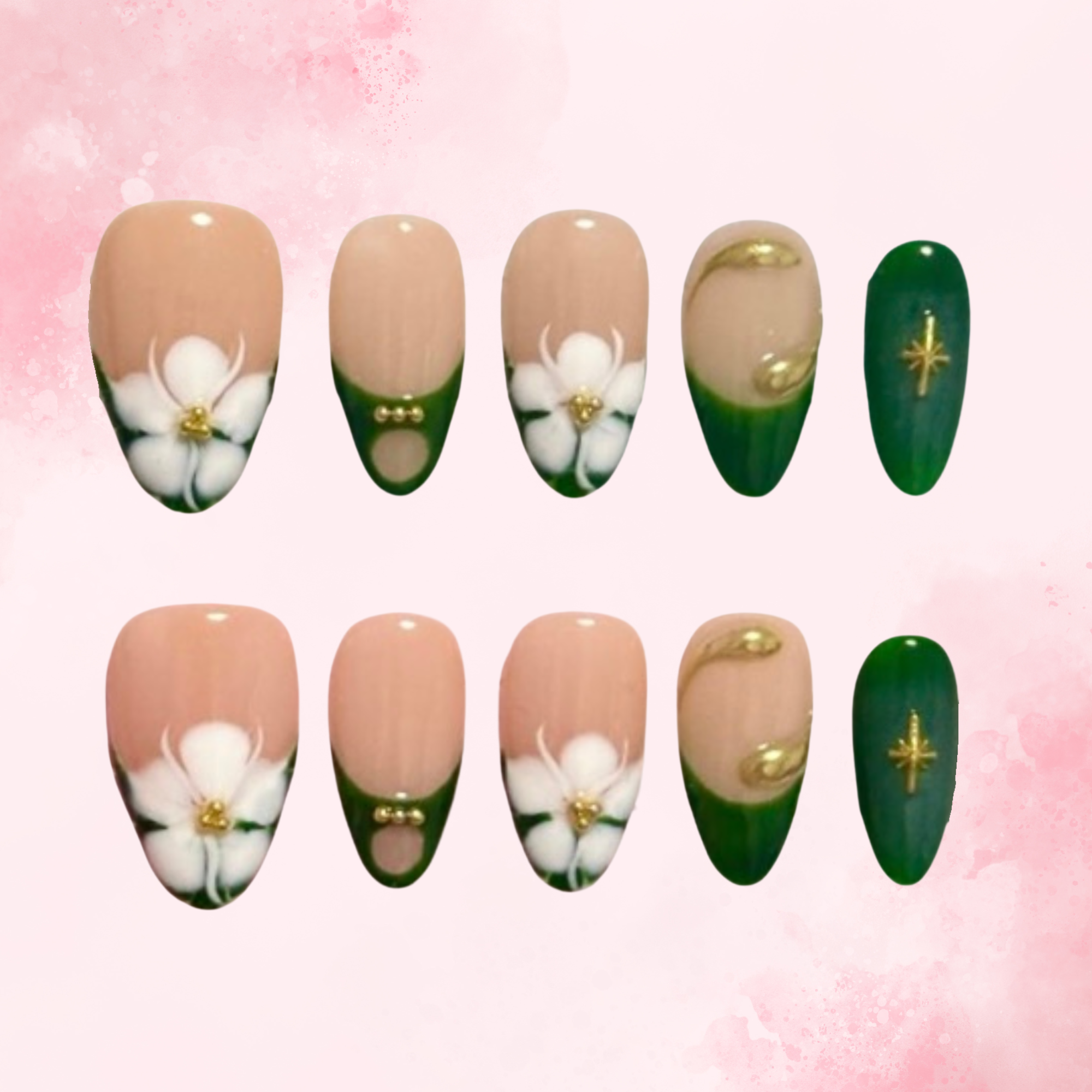 Evergreen Bloom | Handmade Nails,Ellie Vincy Press on Nails,Short Almond,Cute, Floral, French tip,Handmade White, Green, Gold, Nude press on nails,10 pcs, False nails,Reusable,Glue on nails,Sticky on nails,Pop on nails
