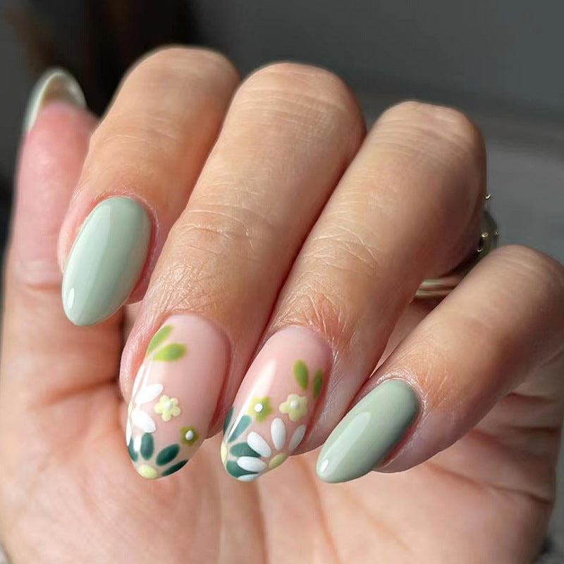Enchanted Garden,Ellie Vincy Press on Nails, Almond,Floral, Green press on nails,24 pcs, False nails,Reusable,Glue on nails,Sticky on nails,Pop on nails