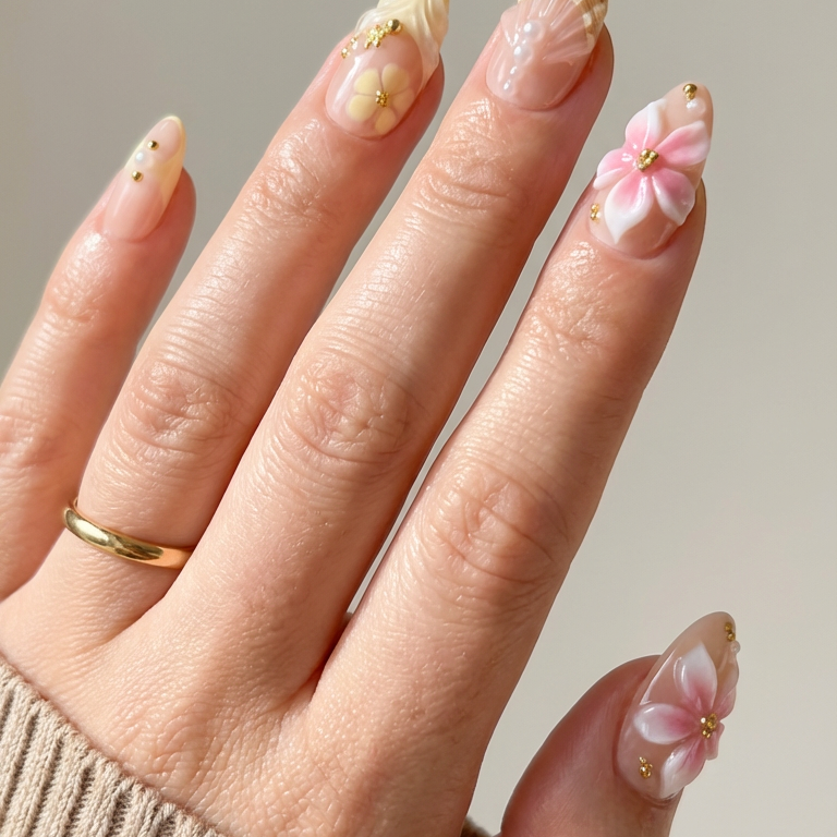 ellie vincy press on nails Nude Shell Short Almond Luxury Glue on Press on Nails Almond, Square Green Floral, French tip, Animal print, Geometric, EV025, Metallic