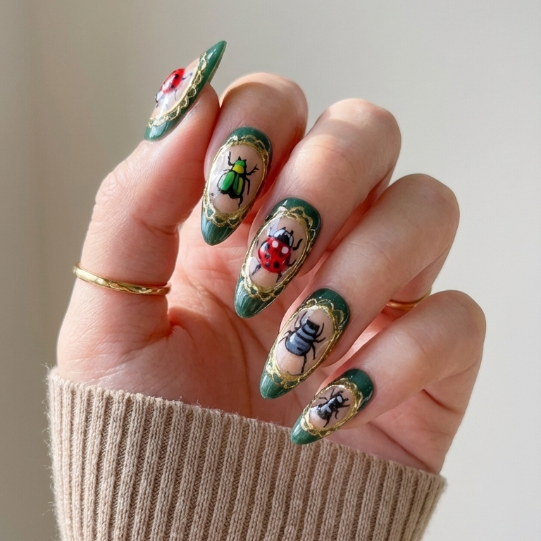 ellie vincy press on nails Beetle Garden| Handmade Nails Almond Green, Nude, Animal Glitter, Metallic, Abstract, Animal print