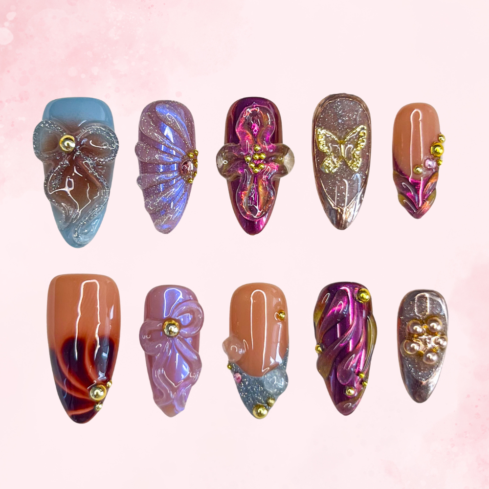 Bow Bling| Handmade Nails,Ellie Vincy Press on Nails,Medium Almond,Iridescent, Floral,Handmade Nude, Red, Orange, Purple press on nails,10 pcs, false nails,reusable,glue on nails