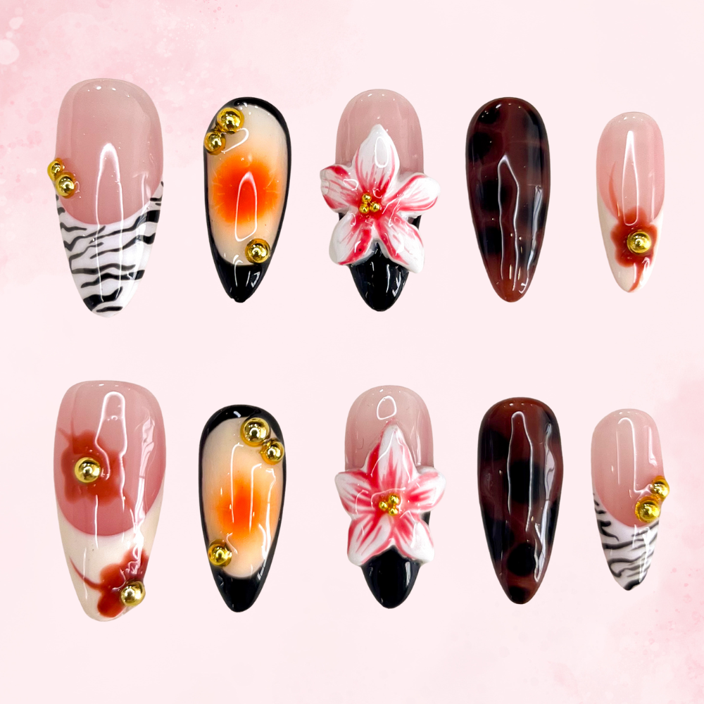 Autumn Bloom | Handmade Nails,Ellie Vincy Press on Nails,Long, Medium Almond,Glitter, Floral,Handmade Animal, Multicolor, Floral press on nails,10 pcs, false nails,reusable,glue on nails