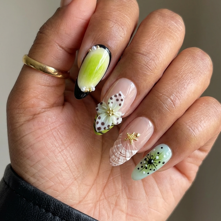 Ellie Vincy Press on Nails Pearl Green Leaf | Handmade Nails Almond Green Floral