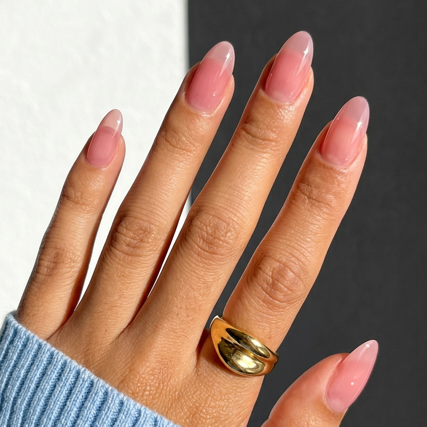 Hand with pink nail polish wearing a gold ring on a black and white background