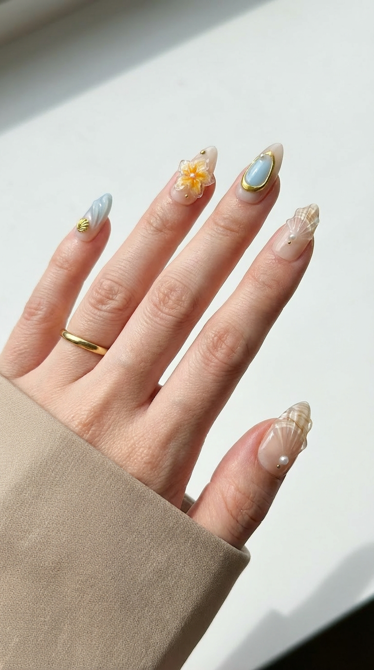 Ellie Vincy Press on Nails Coastal Shell Almond Luxury Short Glue on Press on Nails Almond, Square Floral, Pink, Beige, Geometric Floral, French tip, Abstract, Geometric, Metallic