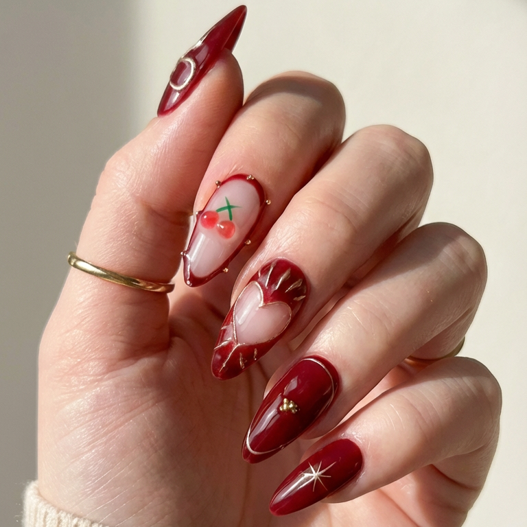 ellie vincy press on nails Cherry Bow | Handmade Nails Almond Red, Brown, Gold, Floral Cute, Glitter, Floral, French tip, Geometric