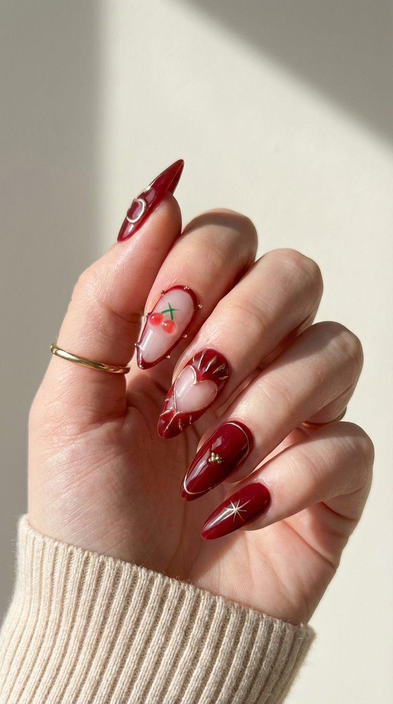 ellie vincy press on nails Cherry Bow | Handmade Nails Almond Red, Brown, Gold, Floral Cute, Glitter, Floral, French tip, Geometric