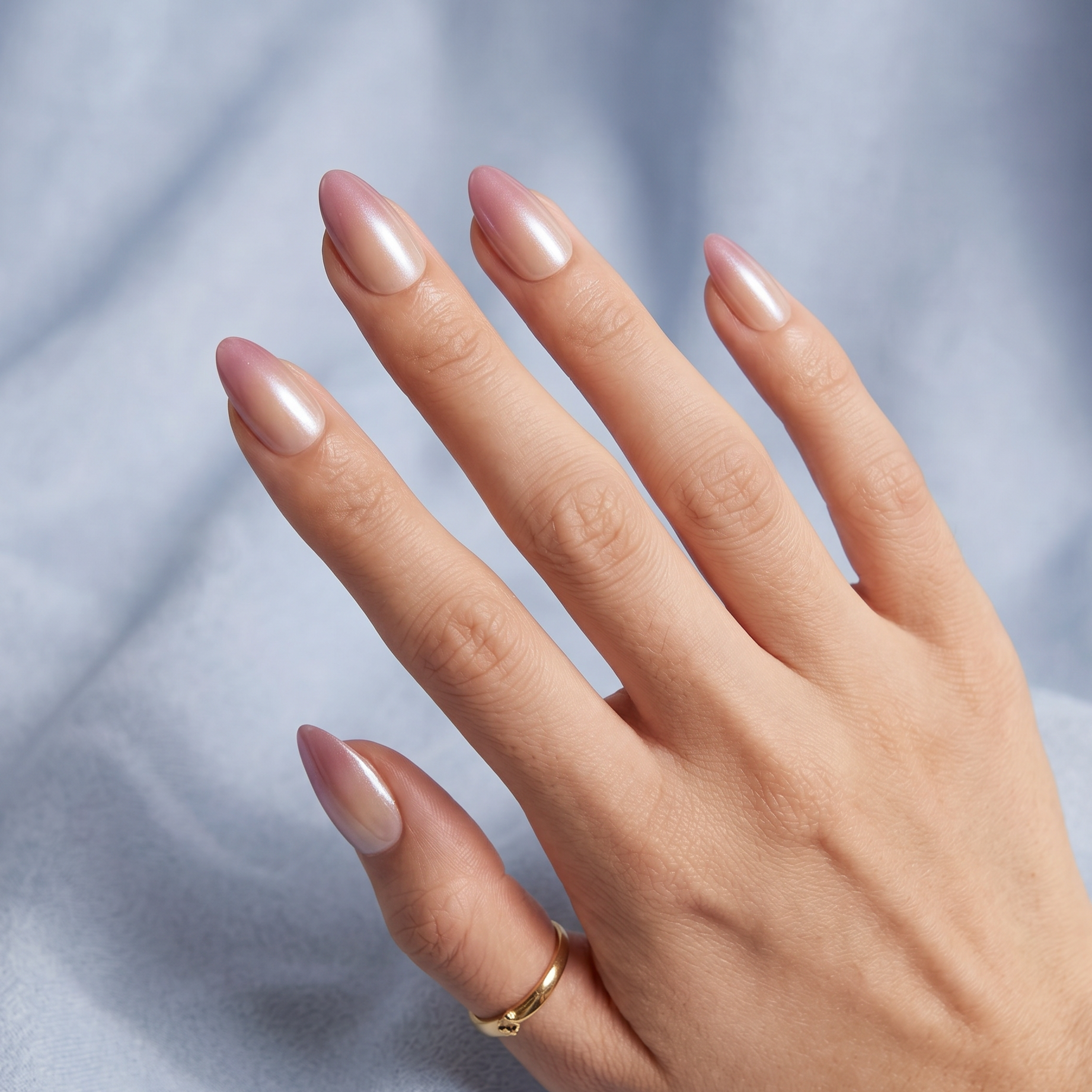 Hand with pink nail polish on a light blue fabric background, featuring the LURYNAILS brand.