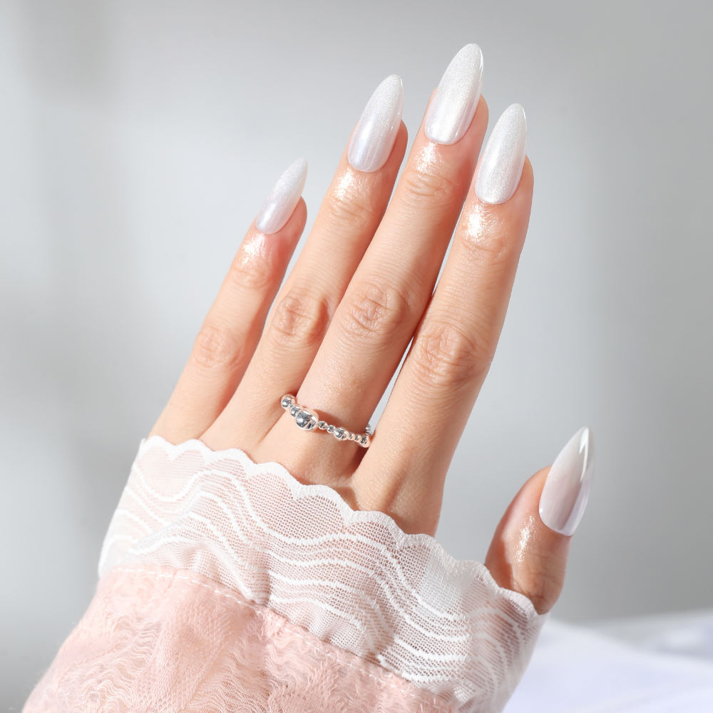 Slate Gaze,Ellie Vincy Press on Nails, Almond,Solid color, Silver press on nails,28 pcs, False nails,Reusable,Glue on nails,Sticky on nails,Pop on nails