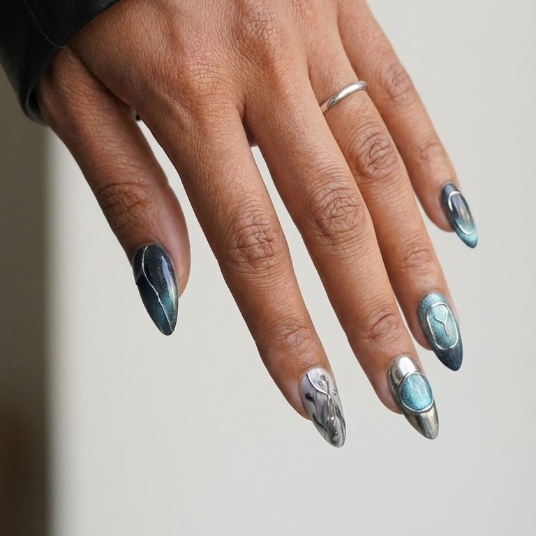 Ellie Vincy Press on Nails Oceanic Edge | Handmade Nails Almond Blue Abstract, Metallic, Geometric, Chrome