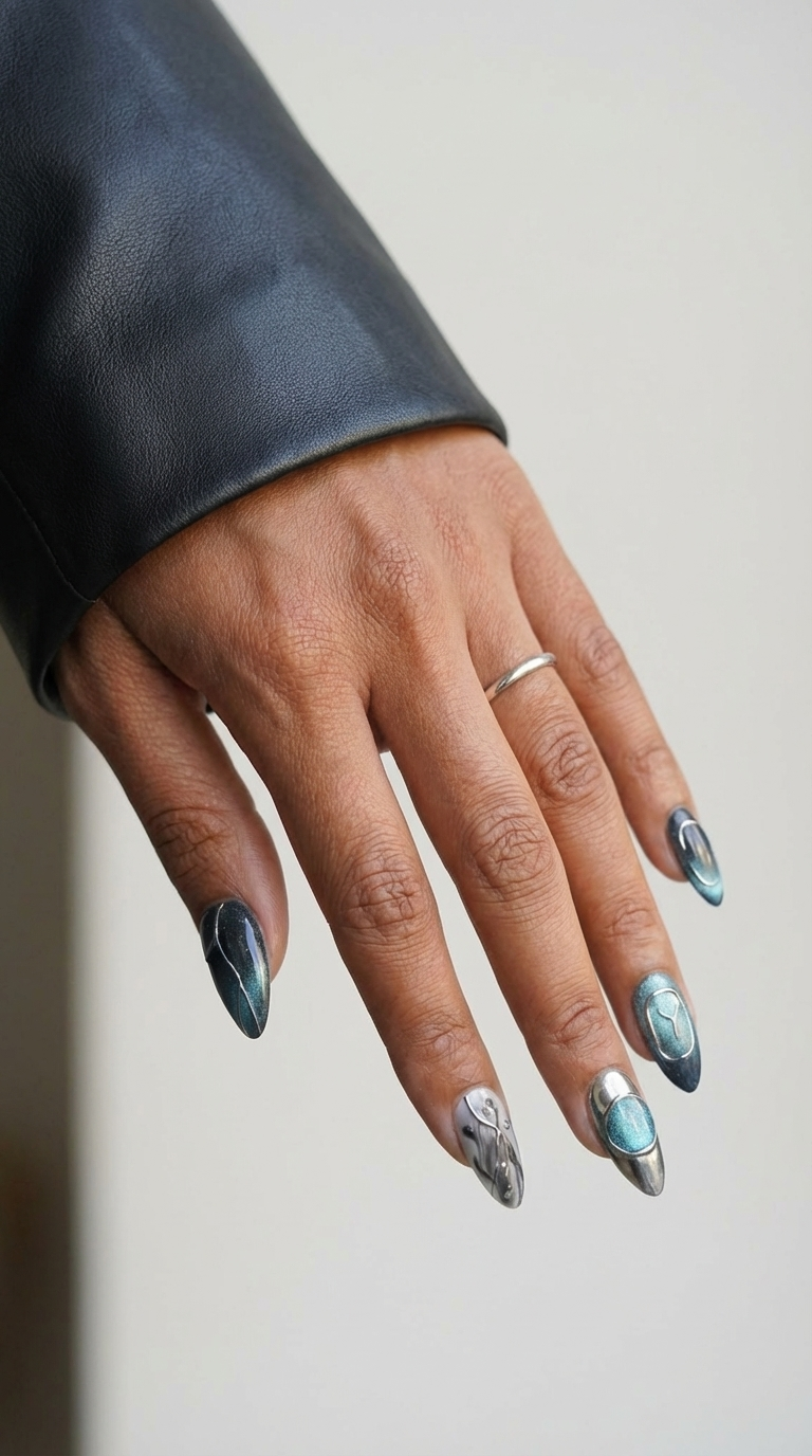 ellie vincy press on nails Oceanic Edge | Handmade Nails Almond Blue Abstract, Metallic, Geometric, Chrome