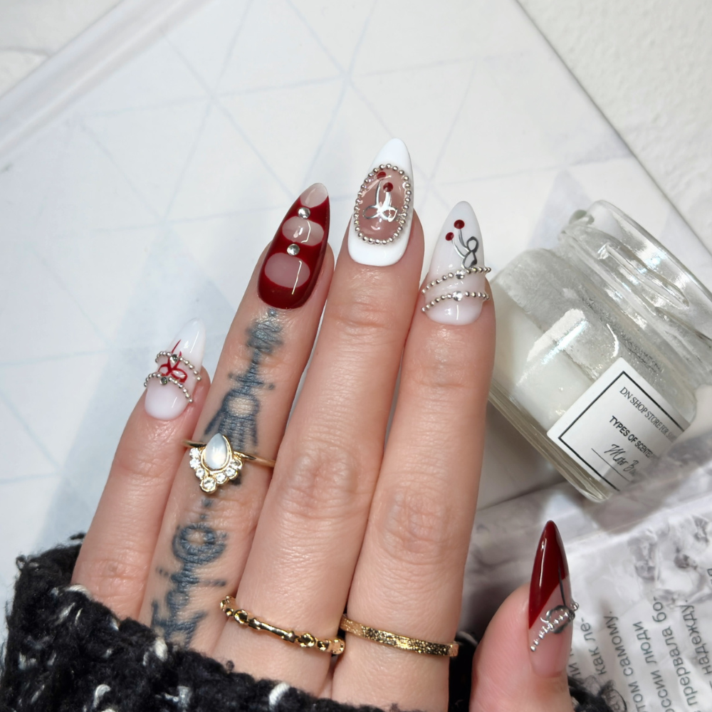 Sweet Cherry Charm | Handmade Nails,Ellie Vincy Press on Nails,Long, Medium  Almond,French tip,Handmade Brown, White, Silver, Red press on nails,10 pcs, false nails,reusable,glue on nails