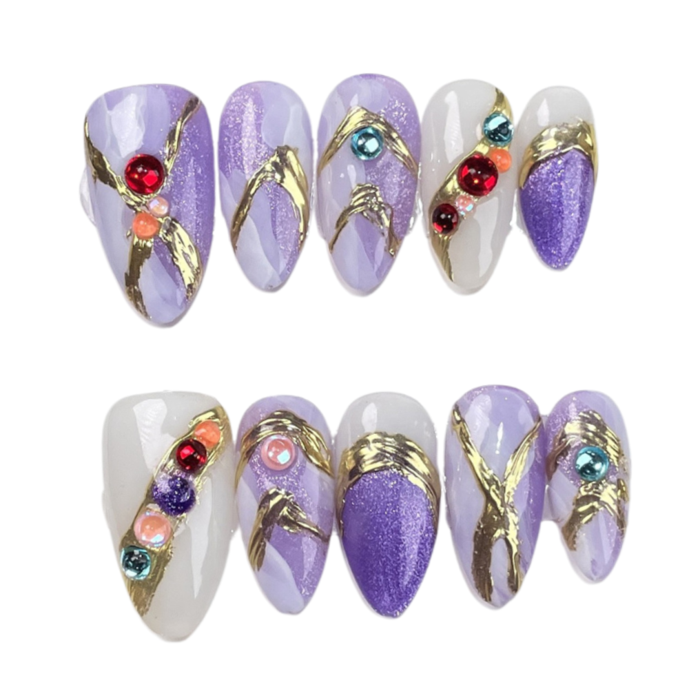Golden Lavender Twist | Handmade Nails,Ellie Vincy Press on Nails,Medium  Almond,Metallic, Geometric,Handmade Purple, Gold press on nails,10 pcs, false nails,reusable,glue on nails