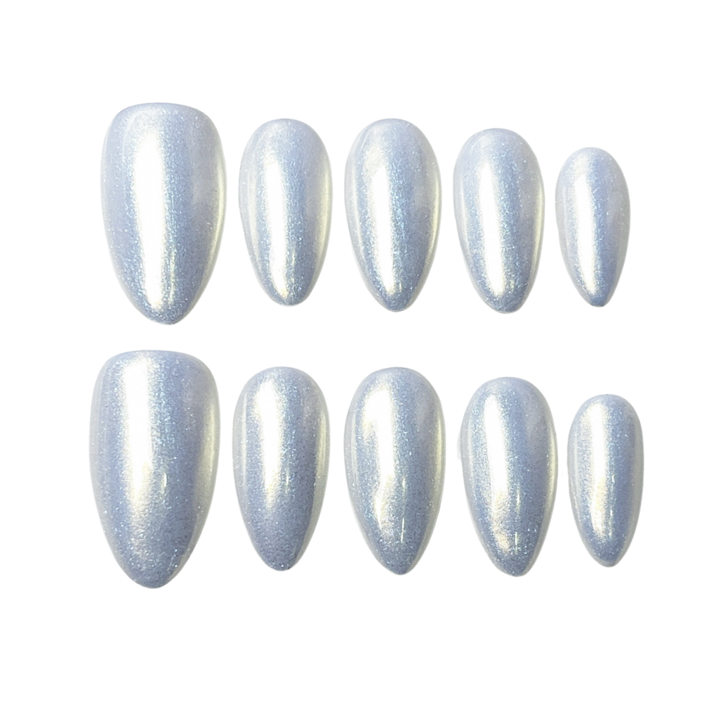 Pearl Glow White| Handmade Nails,Ellie Vincy Press on Nails,Medium  Almond,Iridescent, Solid color,Handmade White press on nails,10 pcs, false nails,reusable,glue on nails