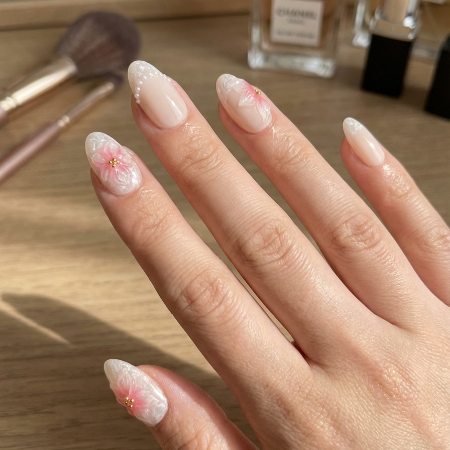 Hand with decorative nails on a wooden surface with makeup items in the background