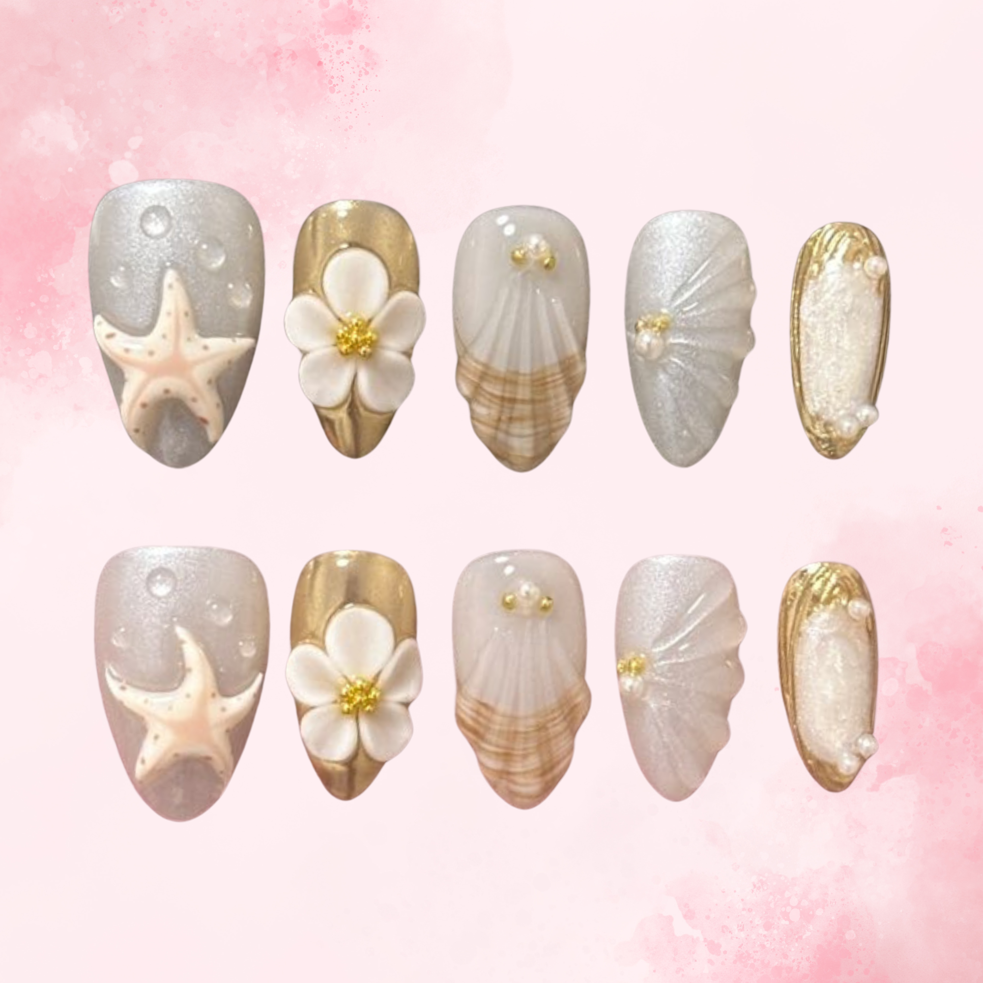 Starshore Bloom | Handmade Nails,Ellie Vincy Press on Nails,Short  Almond,Cute, Floral, French tip,Handmade White, Floral, Orange, Gold press on nails,10 pcs, False nails,Reusable,Glue on nails,Sticky on nails,Pop on nails