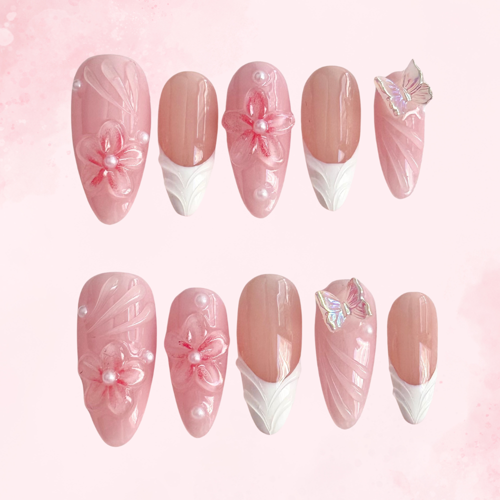 Floral French Dream | Handmade Nails,Ellie Vincy Press on Nails,Long, Medium  Almond,Cute, Floral, French tip,Handmade Pink, White, Floral press on nails,10 pcs, False nails,Reusable,Glue on nails,Sticky on nails,Pop on nails
