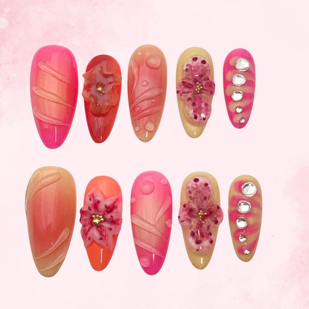 3D Floral Nails | Handmade Nails,Ellie Vincy Press on Nails,Long, Medium  Almond,Cute, Floral,Handmade Red, Orange press on nails,10 pcs, false nails,reusable,glue on nails