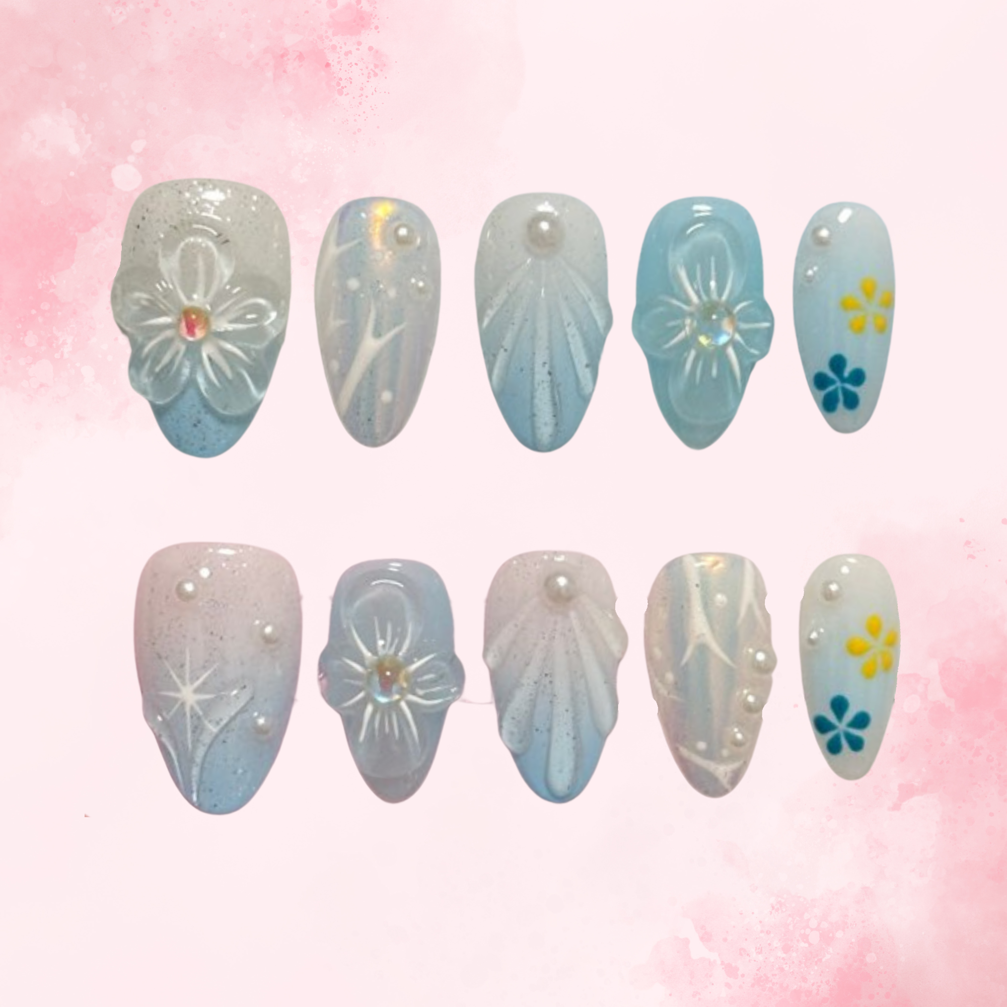 Frosted Blossom | Handmade Nails,Ellie Vincy Press on Nails,Short  Almond,Cute, Floral, French tip,Handmade White, Blue, Nude, Floral, Yellow press on nails,10 pcs, False nails,Reusable,Glue on nails,Sticky on nails,Pop on nails
