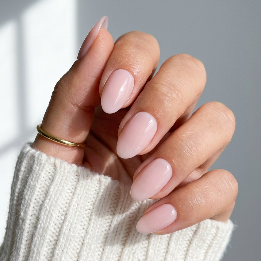 Hand with light pink nail polish wearing a white sleeve against a gray background