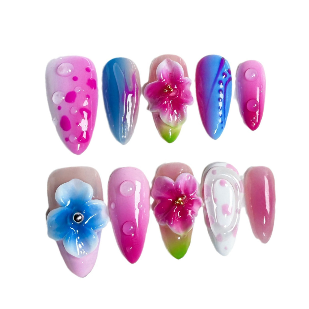 Soft Floral Gradient | Handmade Nails,Ellie Vincy Press on Nails,Long, Medium  Almond,Cute, Floral,Handmade Pink, Blue, White press on nails,10 pcs, false nails,reusable,glue on nails