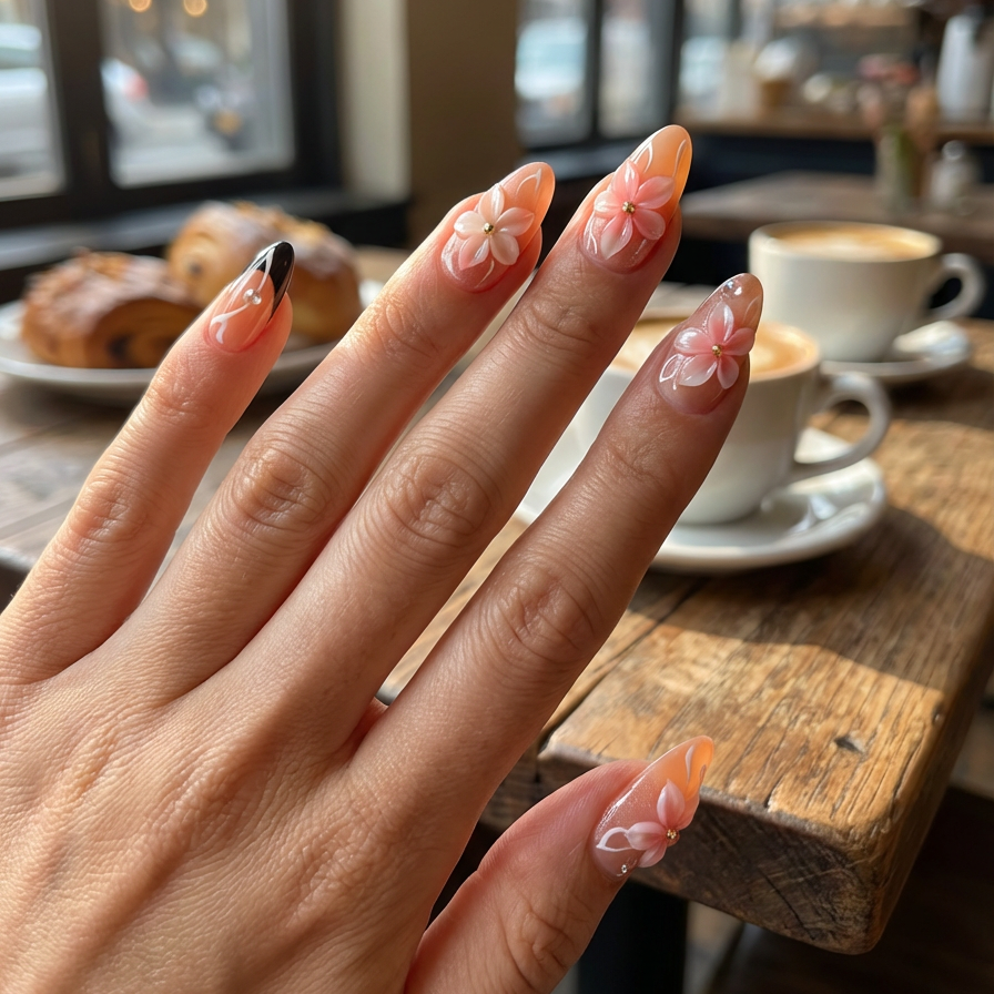Hand with decorative nail art in a cafe setting