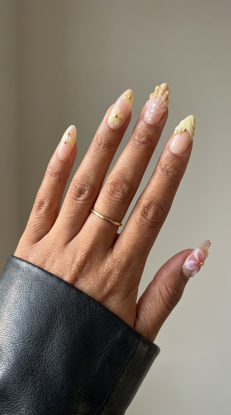 ellie vincy press on nails  Nude Shell  Short Almond Luxury Glue on Press on Nails Almond, Square  Green  Floral, French tip, Animal print, Geometric, EV025, Metallic