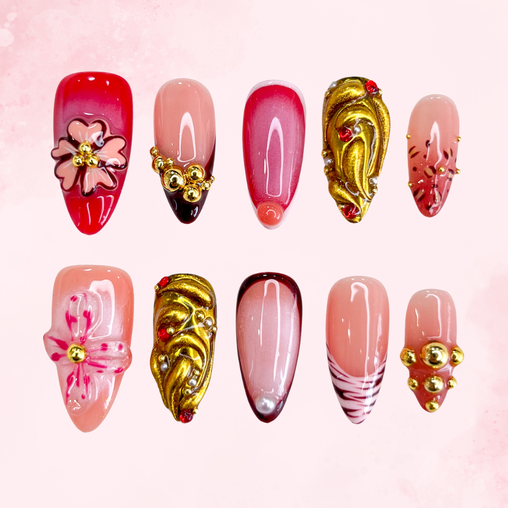 Baroque | Handmade Nails,Ellie Vincy Press on Nails,Long, Medium  Almond,Glitter, Floral,Handmade Red press on nails,10 pcs, False nails,Reusable,Glue on nails,Sticky on nails