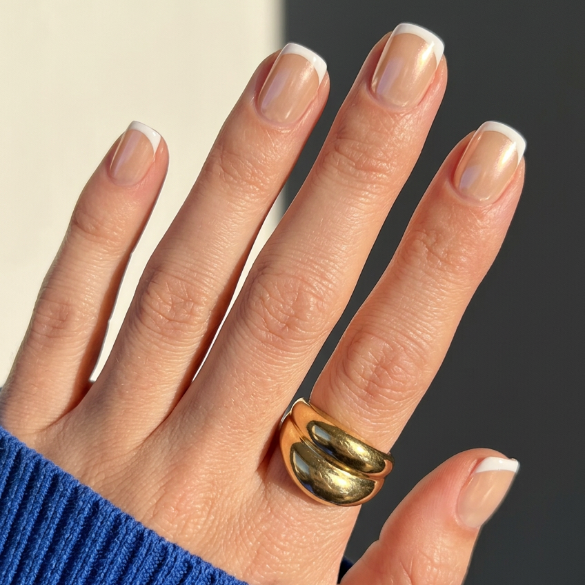 Hand wearing a gold ring with a blue sleeve against a neutral background