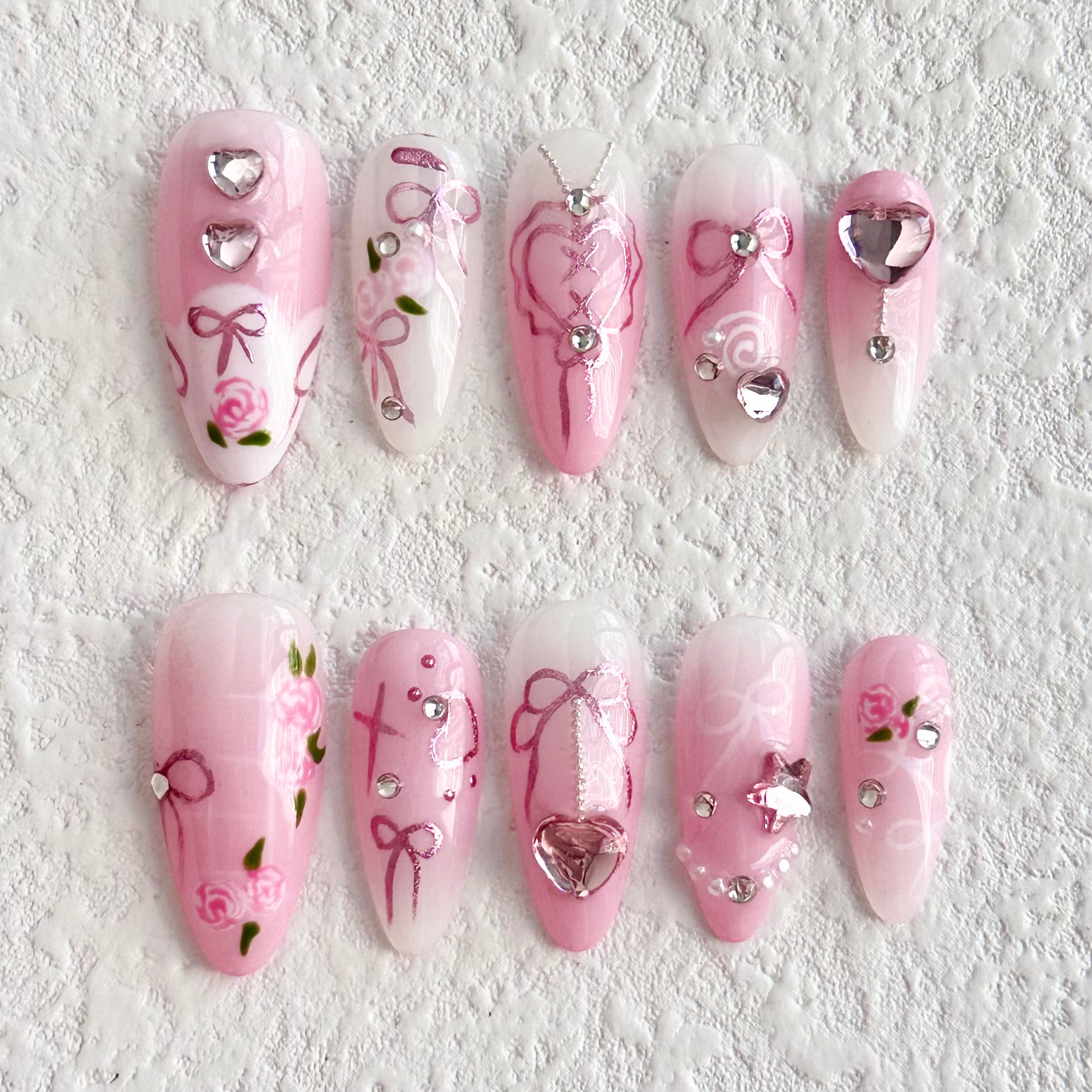 Pink Ribbon | Handmade Nails,Ellie Vincy Press on Nails,Long, Medium  Almond,Floral, Cute,Handmade Pink, White, Floral press on nails,10 pcs, false nails,reusable,glue on nails