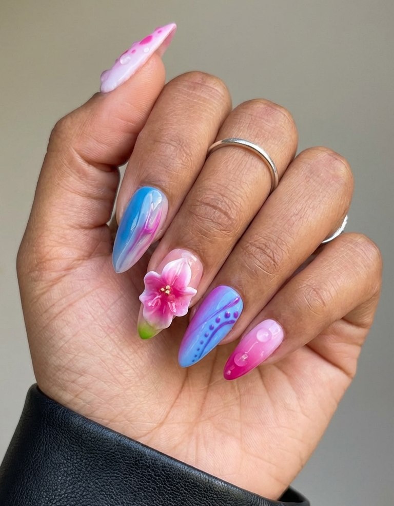ellie vincy press on nails  Purple Floral | Handmade Nails Almond  Pink, Blue, White  Cute, Floral