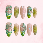 Green Oasis | Handmade Nails,Ellie Vincy Press on Nails,Medium  Almond,Cute, Floral, Natural,Handmade Green press on nails,10 pcs, false nails,reusable,glue on nails