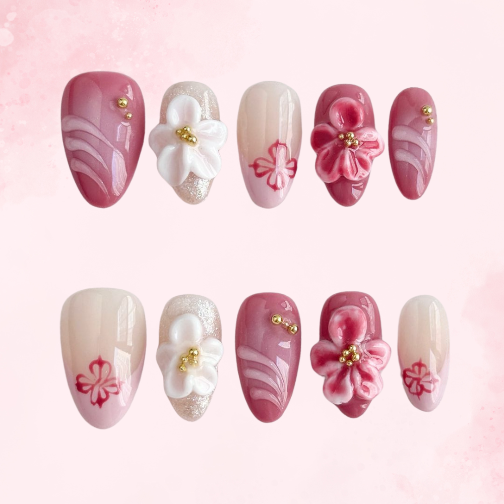 Petal Swirl Bloom | Handmade Nails,Ellie Vincy Press on Nails,Short  Almond,Iridescent, Metallic, Solid color, Floral,Handmade White, Floral, Pink, Red press on nails,10 pcs, False nails,Reusable,Glue on nails,Sticky on nails