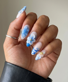 ellie vincy press on nails  Blue Shell | Handmade Nails Almond  White, Blue, Gray, Floral  Floral, Cute, Natural, Ombre